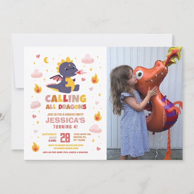 Dragon Birthday Party Pink Fire Dragons Girls Invitation (Front)