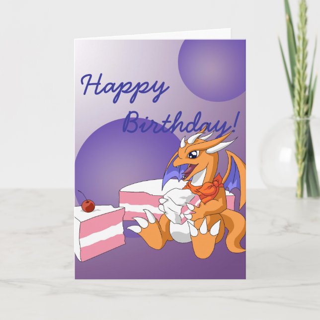 Dragon Birthday with Strawberry Cake Greeting Card (Front)