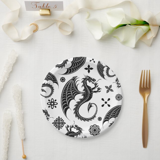 Dragon Black Shape Tattoo Style Paper Plate (Wedding)