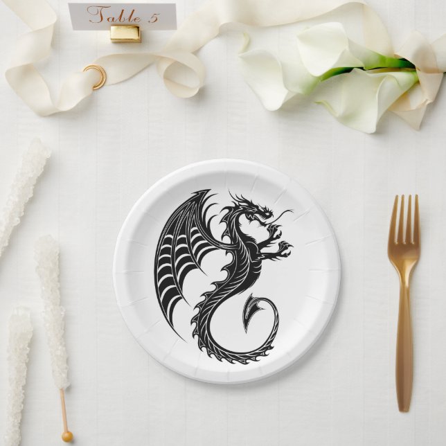 Dragon Black Shape Tattoo Style Paper Plate (Wedding)