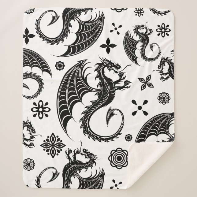 Dragon Black Shape Tattoo Style Sherpa Blanket (Front)