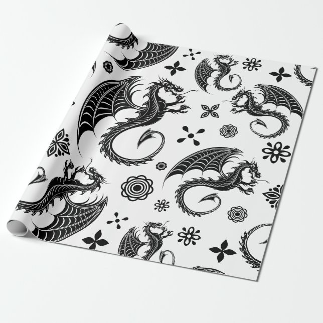 Dragon Black Shape Tattoo Style Wrapping Paper (Unrolled)