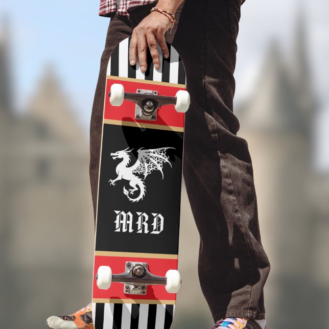Dragon Black White Striped Monogram w Red Gold  Skateboard (Creator Uploaded)