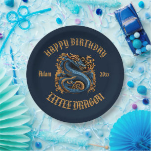 Dragon Blue and Gold Birthday Party Paper Plate