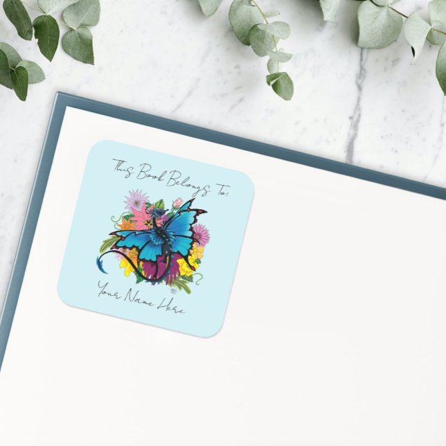 Dragon Blue Butterfly Flowers Bookplate Square Sticker (Creator Uploaded)
