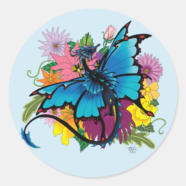 Dragon Blue Butterfly Flowers Classic Round Sticker (Front)