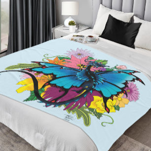 Dragon Blue Butterfly Flowers Fleece Blanket