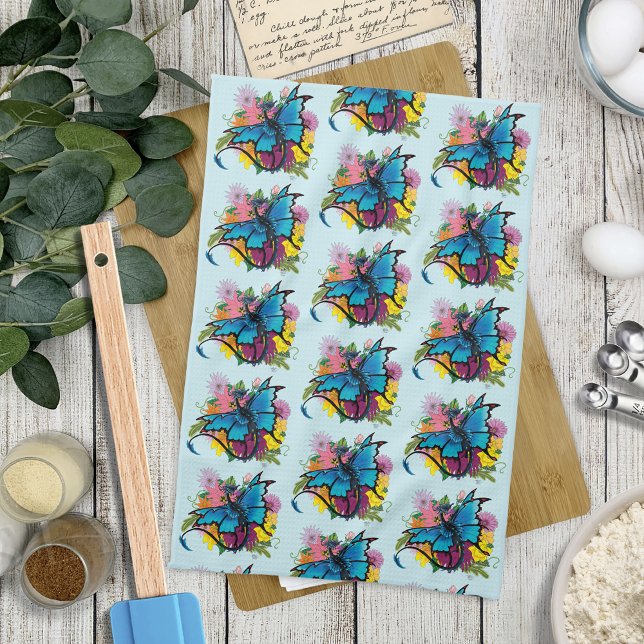 Dragon Blue Butterfly Flowers Tea Towel (Creator Uploaded)