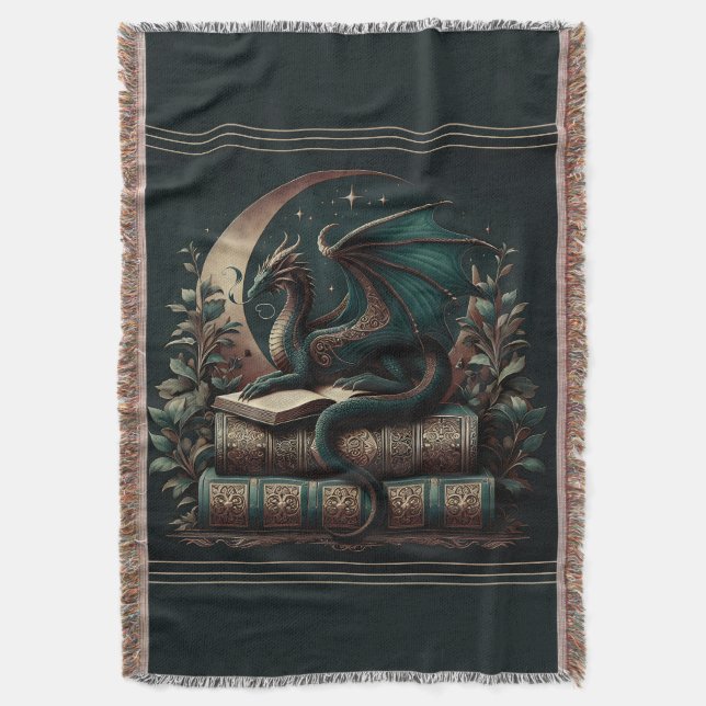 Dragon Book Blanket | Fantasy Reader Throw | Medie (Front Vertical)