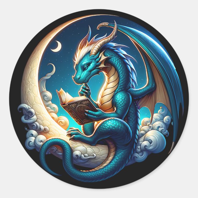 Dragon Bookworm, Moonlight Reading Tee Classic Round Sticker (Front)
