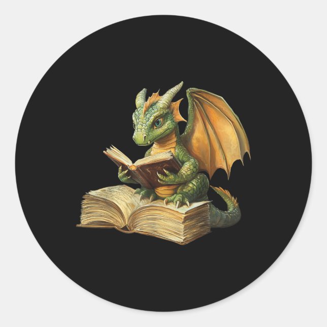 Dragon Bookworm Reading Book Funny Graphic  Classic Round Sticker (Front)