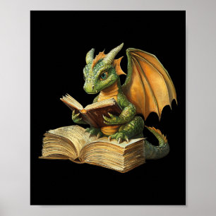 Dragon Bookworm Reading Book Funny Graphic  Poster