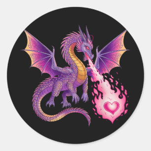 Dragon Breathing Fire Heart Valentines Day Men Wom Classic Round Sticker