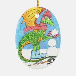 Dragon Building a Snowman Ornament