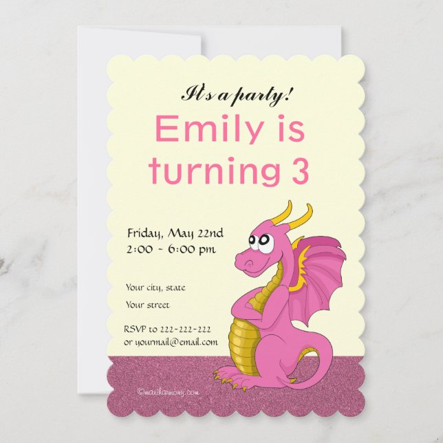 Dragon cartoon birthday print invitations (Front)