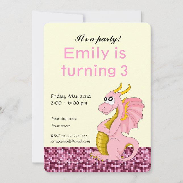 Dragon cartoon birthday print invitations (Front)
