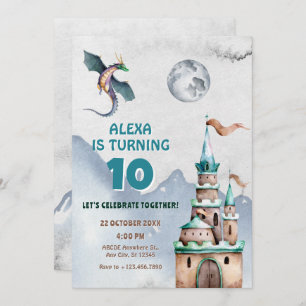 Dragon castle watercolor birthday invitation