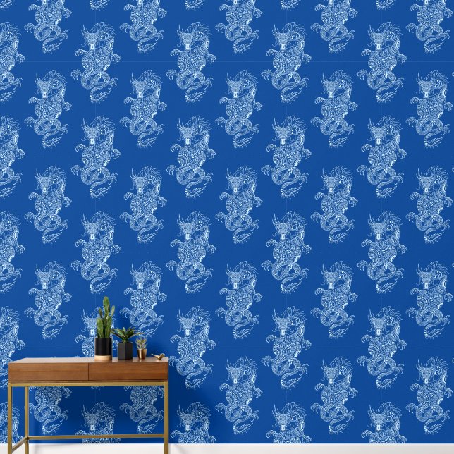 Dragon Chinese Style Navy Blue Wallpaper (Hallway)