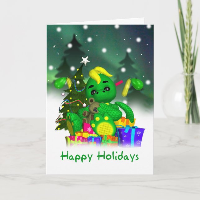 Dragon Christmas Card - Cute Green Dragon With Gif (Front)