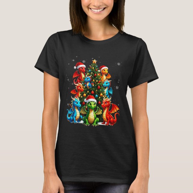 Dragon Christmas Tree Squad Santa Hat Fantasy Myth T-Shirt (Front)