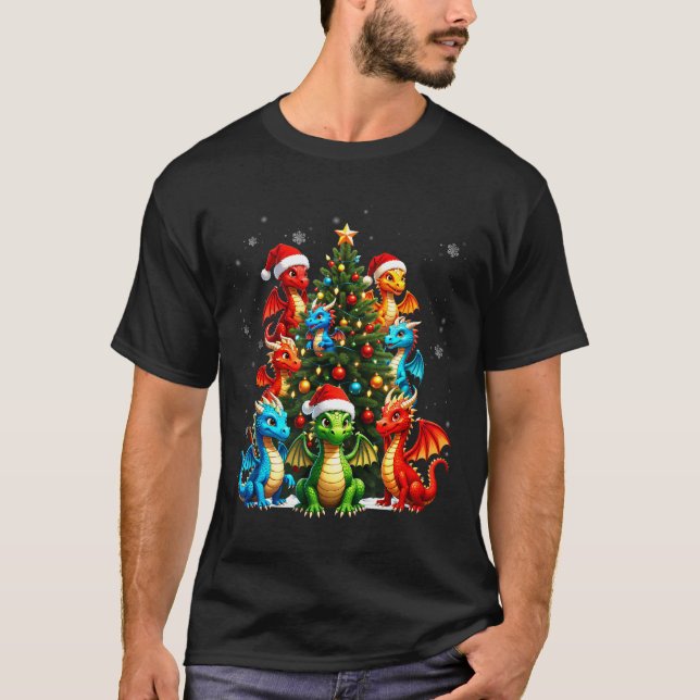Dragon Christmas Tree Squad Santa Hat Fantasy Myth T-Shirt (Front)