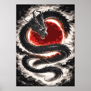 Dragon Coil over a Red Eclipse - Japanese Art Poster