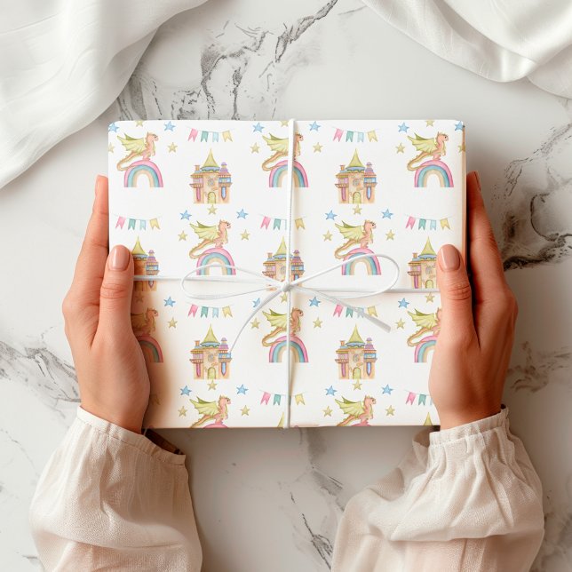 Dragon Cute Castle Magical mediaeval Funny Wrapping Paper (Creator Uploaded)