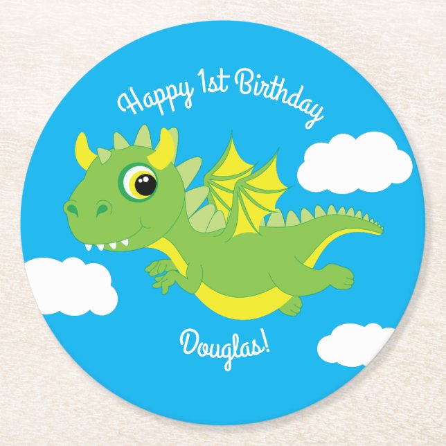 Dragon Cute Kid's Birthday Round Paper Coaster (Front)