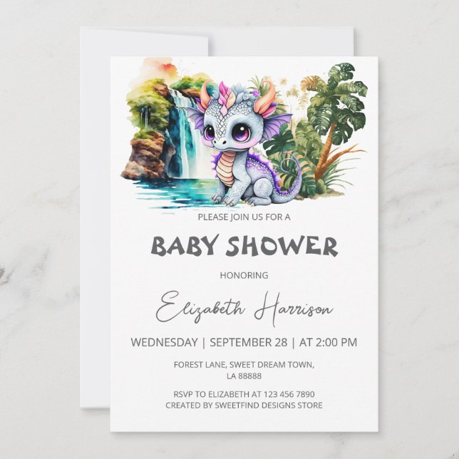 Dragon Cute Watercolor Girl Baby Shower Invitation (Front)