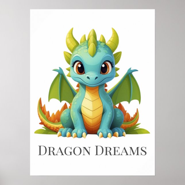 Dragon Dreams Green Blue Baby Dragon Nursery Poster (Front)
