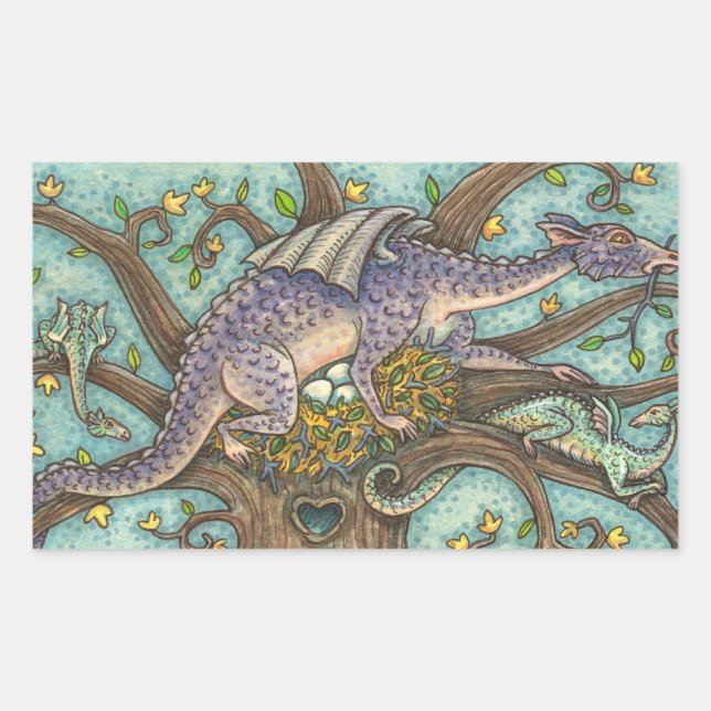 DRAGON EGGS, MEDIEVAL LAIR, FANTASY FOLK ART RECTANGULAR STICKER (Front)