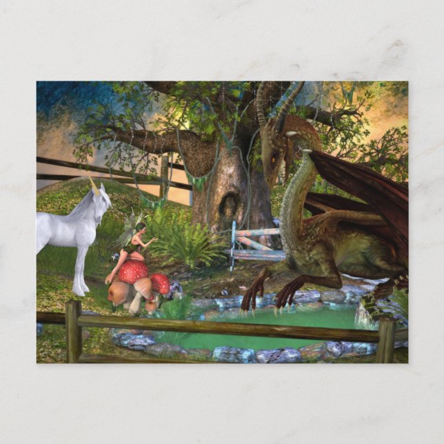 Dragon Elf Fairy Unicorn Fantasy Landscape Postcard (Front)
