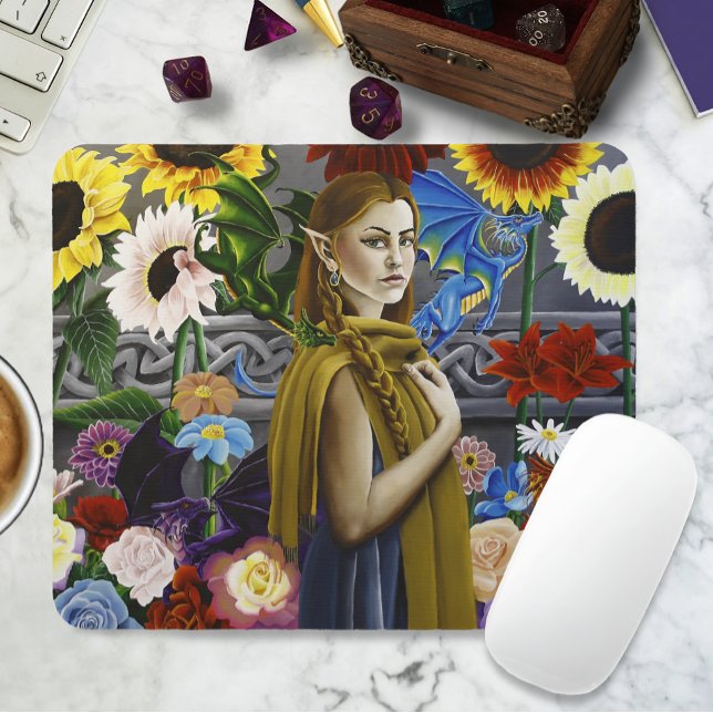 Dragon Elf Maiden Enchanted Flower Garden Fantasy Mouse Mat (Creator Uploaded)