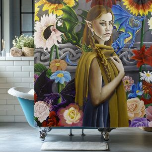 Dragon Elf Maiden Enchanted Flower Garden Fantasy Shower Curtain