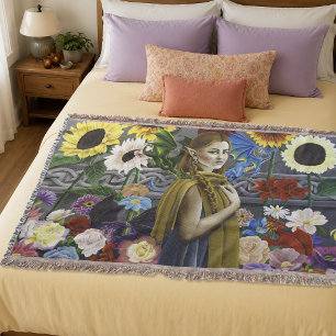 Dragon Elf Maiden Enchanted Flower Garden Fantasy Throw Blanket
