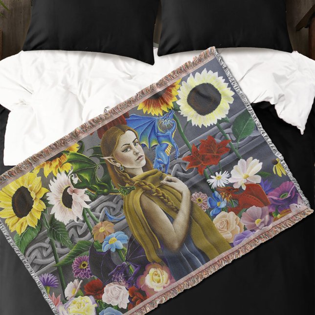 Dragon Elf Maiden Enchanted Flower Garden Fantasy Throw Blanket (Creator Uploaded)