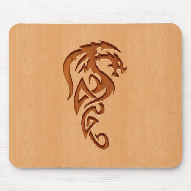 Dragon engraved on wood effect mouse mat (Front)