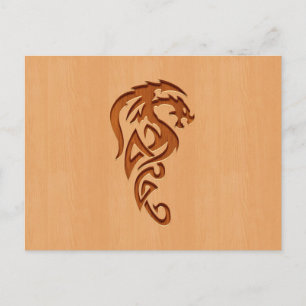 Dragon engraved on wood effect postcard