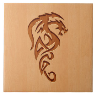 Dragon engraved on wood effect tile