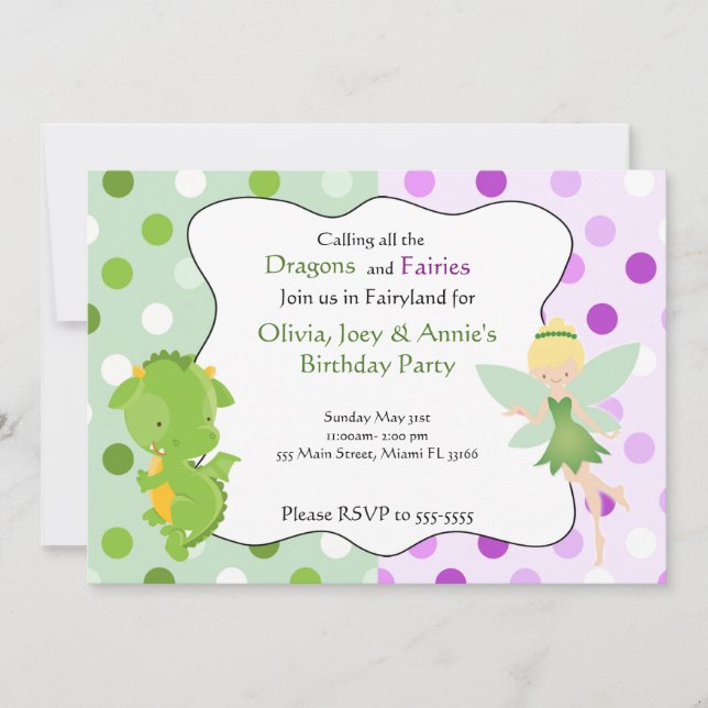 Dragon Fairy Purple Green Birthday Invite (Front)