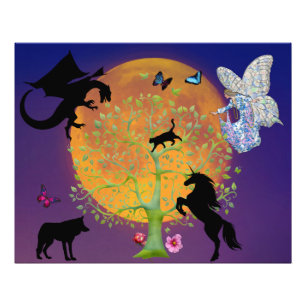 Dragon Fairy Unicorn Fantasy Tree and Full Moon  Photo Print