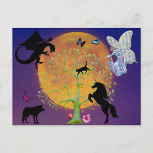 Dragon Fairy Unicorn Fantasy Tree and Full Moon Postcard