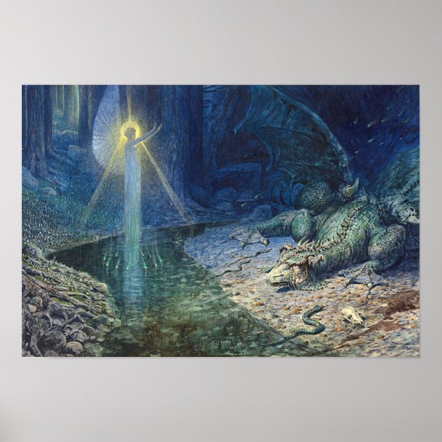 Dragon & Fairy Vintage Fantasy Art Poster (Front)