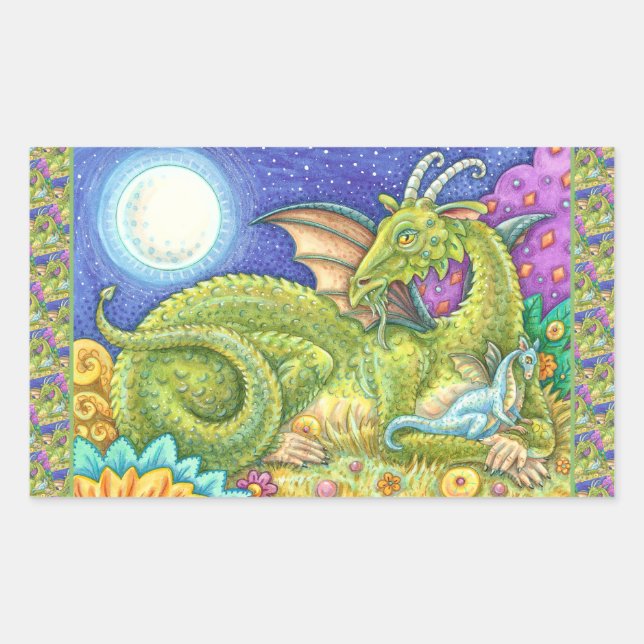 DRAGON FAMILY NEXT GENERATION, WHIMSICAL FANTASY RECTANGULAR STICKER (Front)