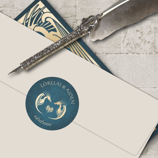 Dragon Fantasy Modern Deco Wedding Classic Round Sticker (Creator Uploaded)