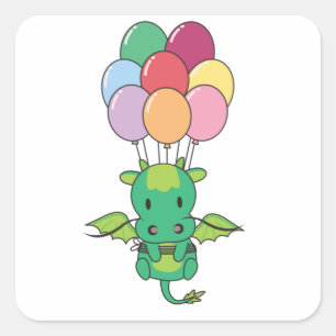 Dragon Flies Up With Colourful Balloons Square Sticker