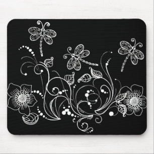 Dragon Flower in Black and White Mouse Mat