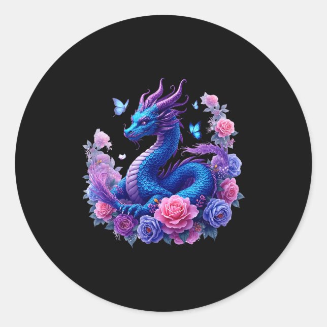 Dragon Flowers Beautiful Art Colorful Graphic  Classic Round Sticker (Front)