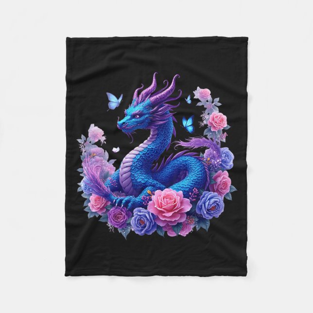 Dragon Flowers Beautiful Art Colorful Graphic  Fleece Blanket (Front)