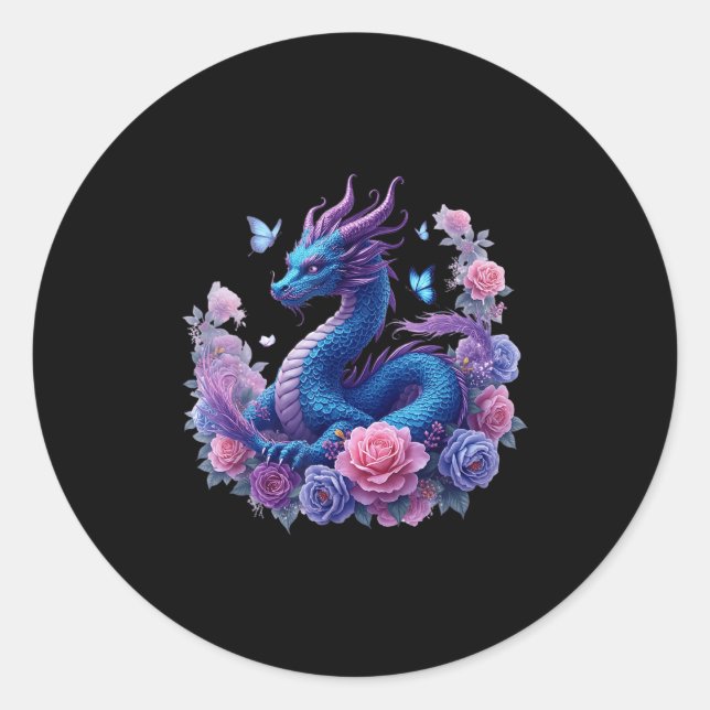 Dragon Flowers Beautiful Art Colourful Graphic  Classic Round Sticker (Front)
